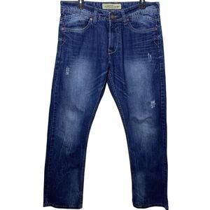 Copper Rivet Jeans Mens 34x32 Modern Straight Mid-Rise Distressed Comfort Hemmed